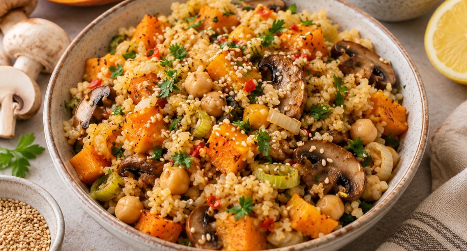 Poke di bulgur con funghi champignon, ceci e cubetti di zucca in una ciotola