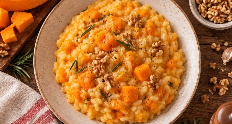 Risotto alla zucca con noci e rosmarino in un piatto fondo